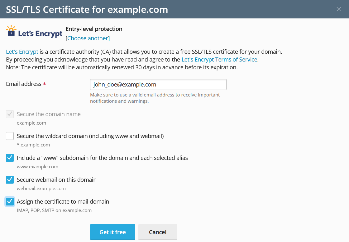 Domain's SSL/TLS Certificates setting